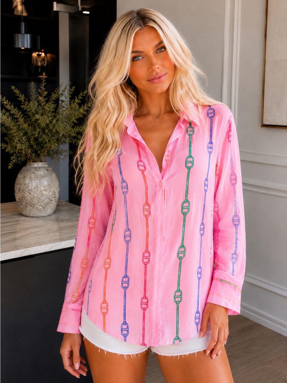 FASHION Pink Patterned Button-Up Women's Shirt